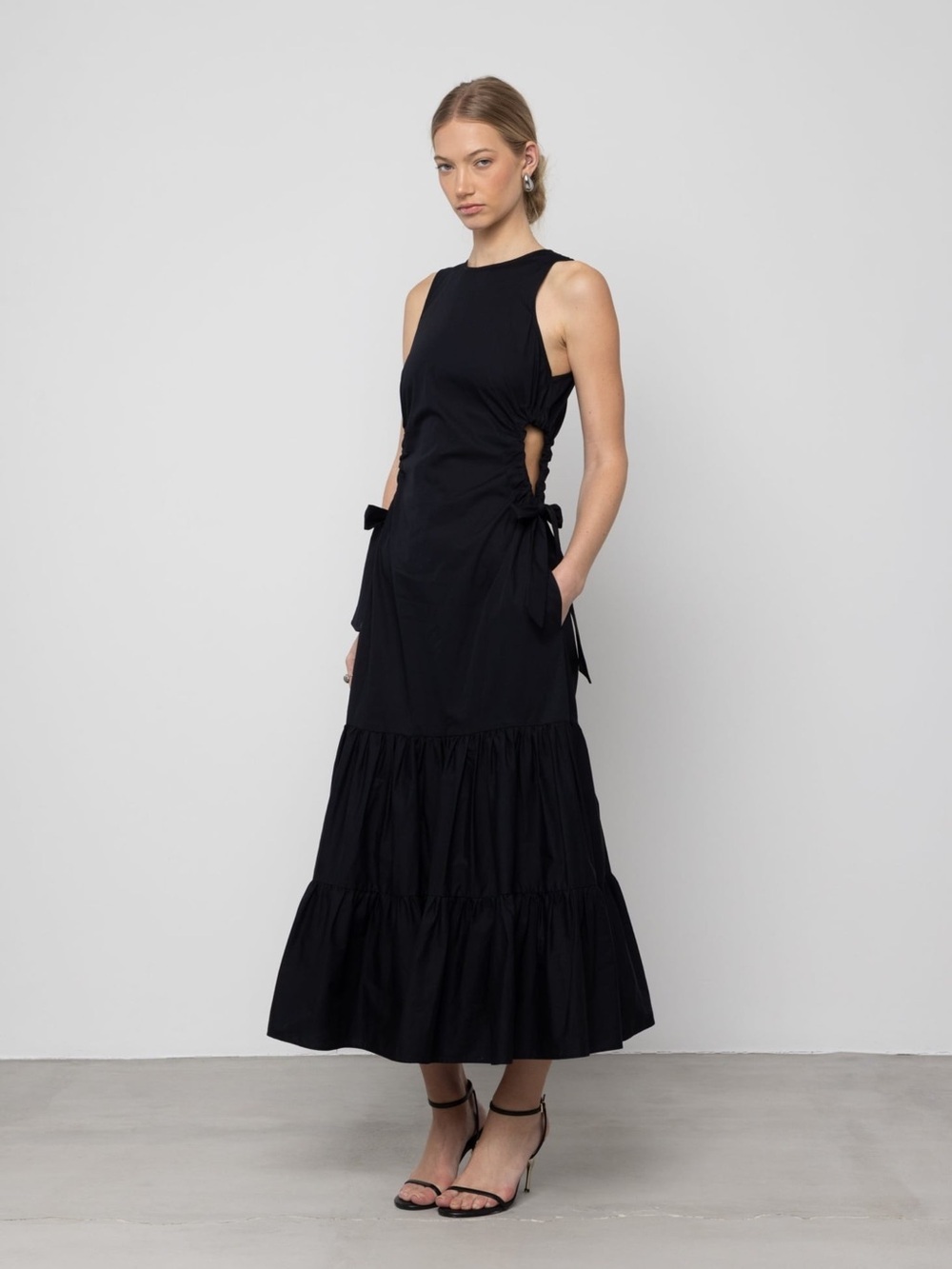 ESTHE Tiered 100% Organic Cotton Cut Out Maxi Dress Black Size Medium VGUC